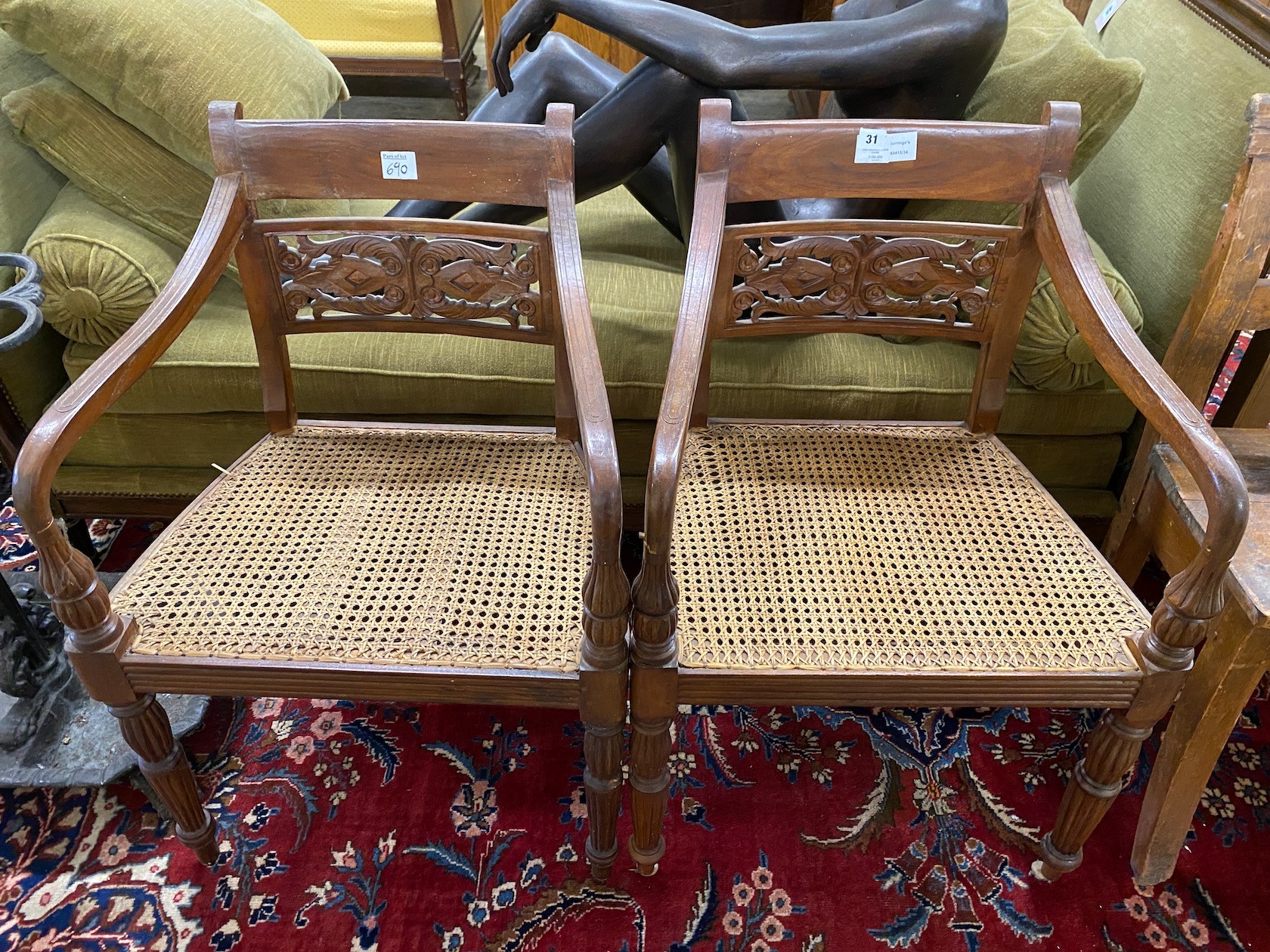 Pair hardwood elbow chairs